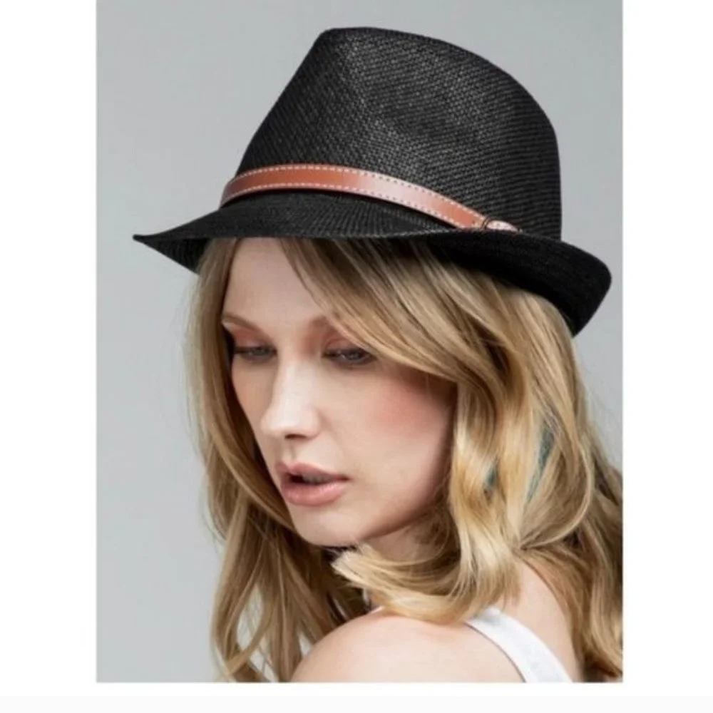 CLASSIC FEDORA BLACK W/FAUX LEATHER BELTED ACCENT-NEW - Picture 2 of 3